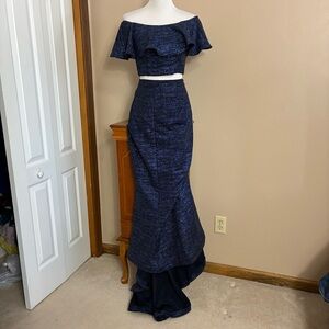 Jovani Prom Formal Dance Gown 2 Piece Blue Sparkly Small Train Off Shoulder